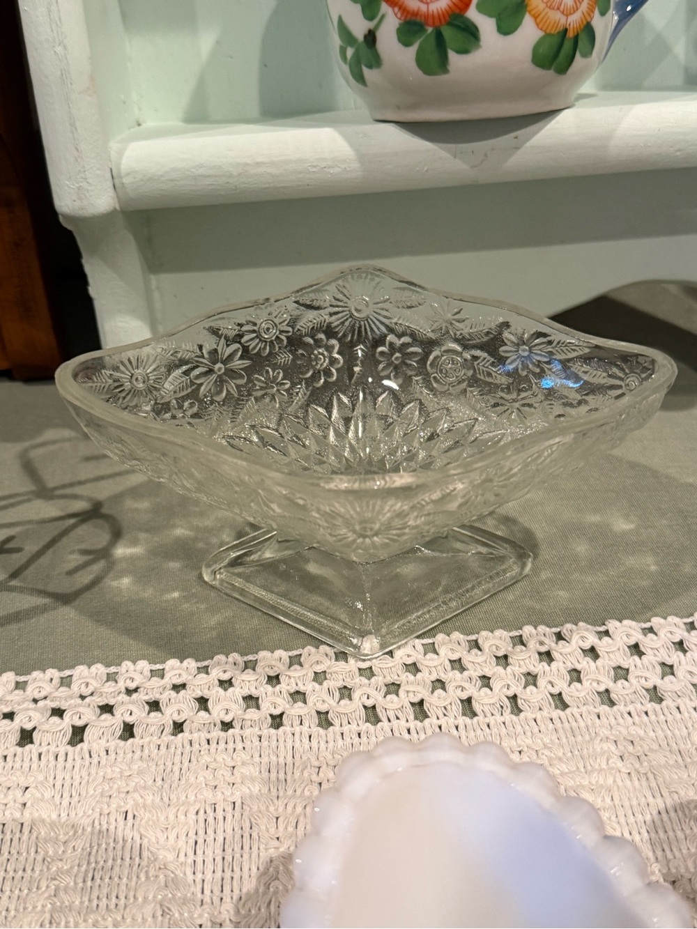 Vintage Pressed Glass Pedestal Dish - Clear Floral Pattern